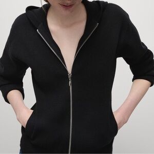 H&M 100% Cotton Elevated Basic Black Knit/Knitted Fitted Hoodie-Hip Length
